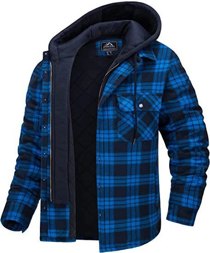 Men's Plaid Hooded Coat Winter Warm Button Zip-up Jacket Fashion Casual Thick Padded Long Sleeves Outerwear Clothing