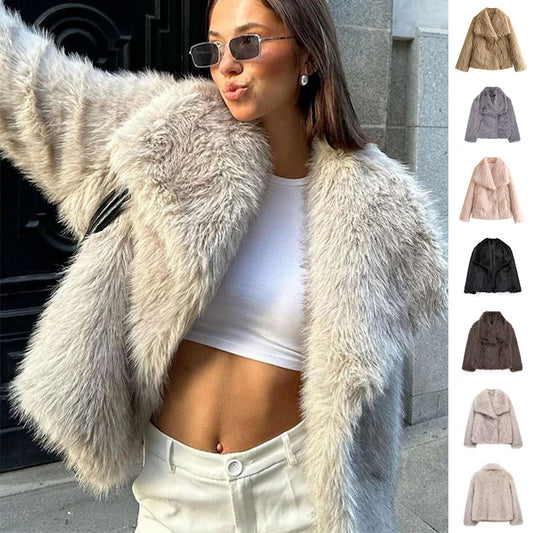 Women's Winter Plush Coat – Warm Thick Fluffy Lapel Jacket, Casual Long Sleeve Outerwear