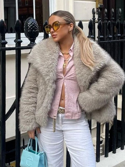 Women's Winter Plush Coat – Warm Thick Fluffy Lapel Jacket, Casual Long Sleeve Outerwear